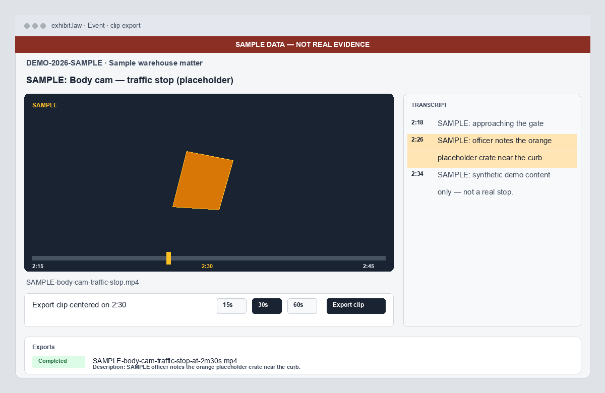 Product demo: sample event page with a video player, Export clip centered on 2:30, and a SAMPLE transcript — not real evidence